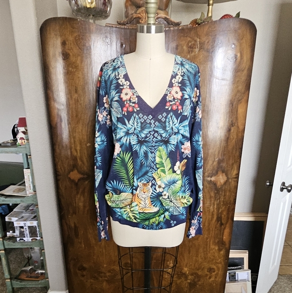 Johnny Was Blue Floral V-Neck Sweater